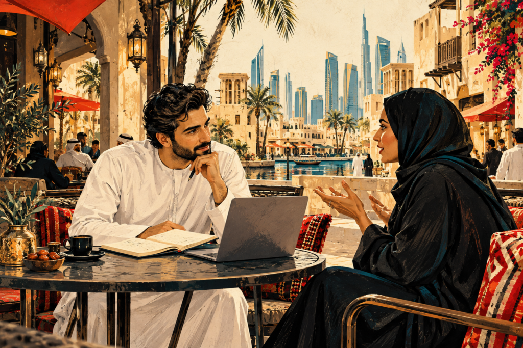 Editorial illustration of a founder listening to a customer across a cafe table with a notebook and laptop.