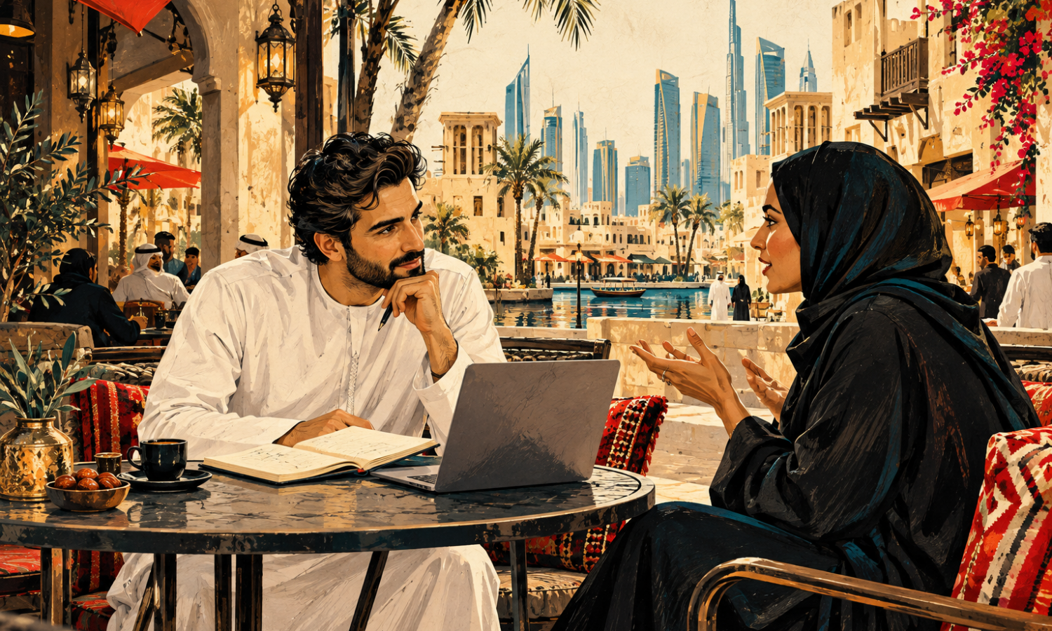 Editorial illustration of a founder listening to a customer across a cafe table with a notebook and laptop.