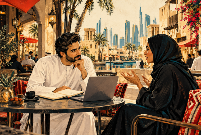Editorial illustration of a founder listening to a customer across a cafe table with a notebook and laptop.