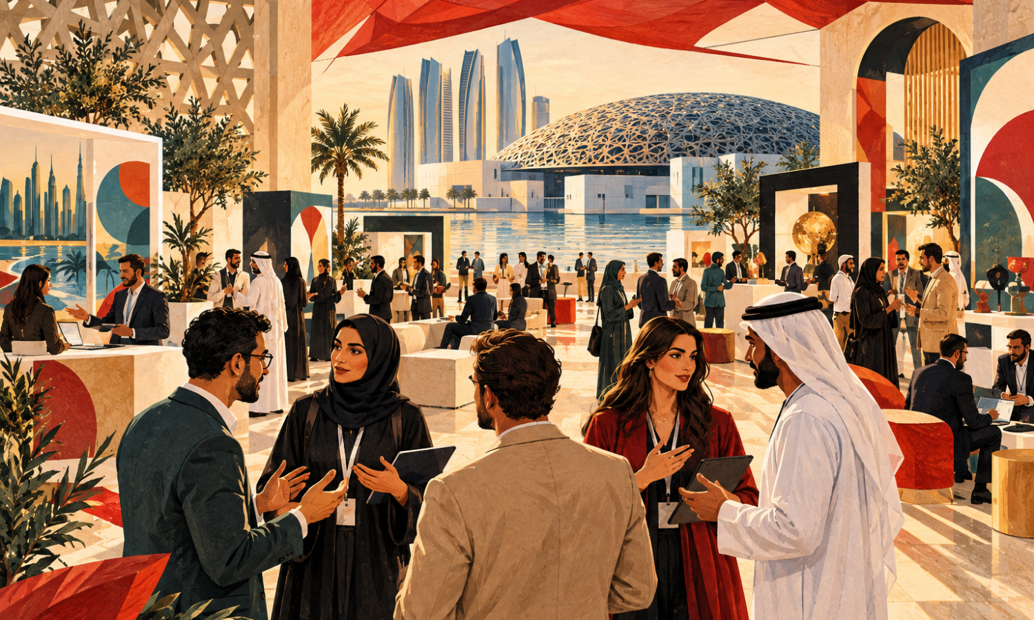 Editorial illustration of a diverse startup networking gathering in an Abu Dhabi-inspired contemporary venue.