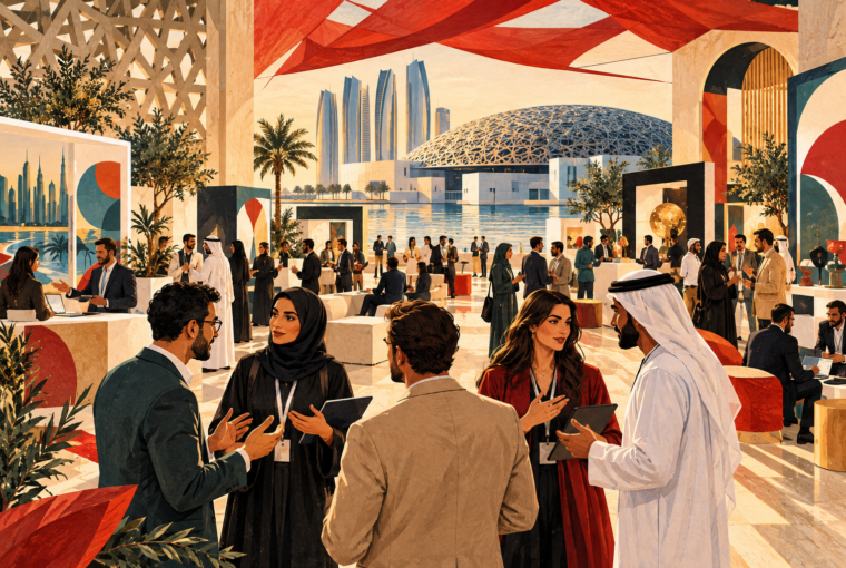 Editorial illustration of a diverse startup networking gathering in an Abu Dhabi-inspired contemporary venue.