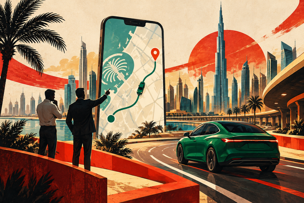 Conceptual editorial illustration of a ride-hailing app, a green car and anonymous entrepreneurs in Dubai.