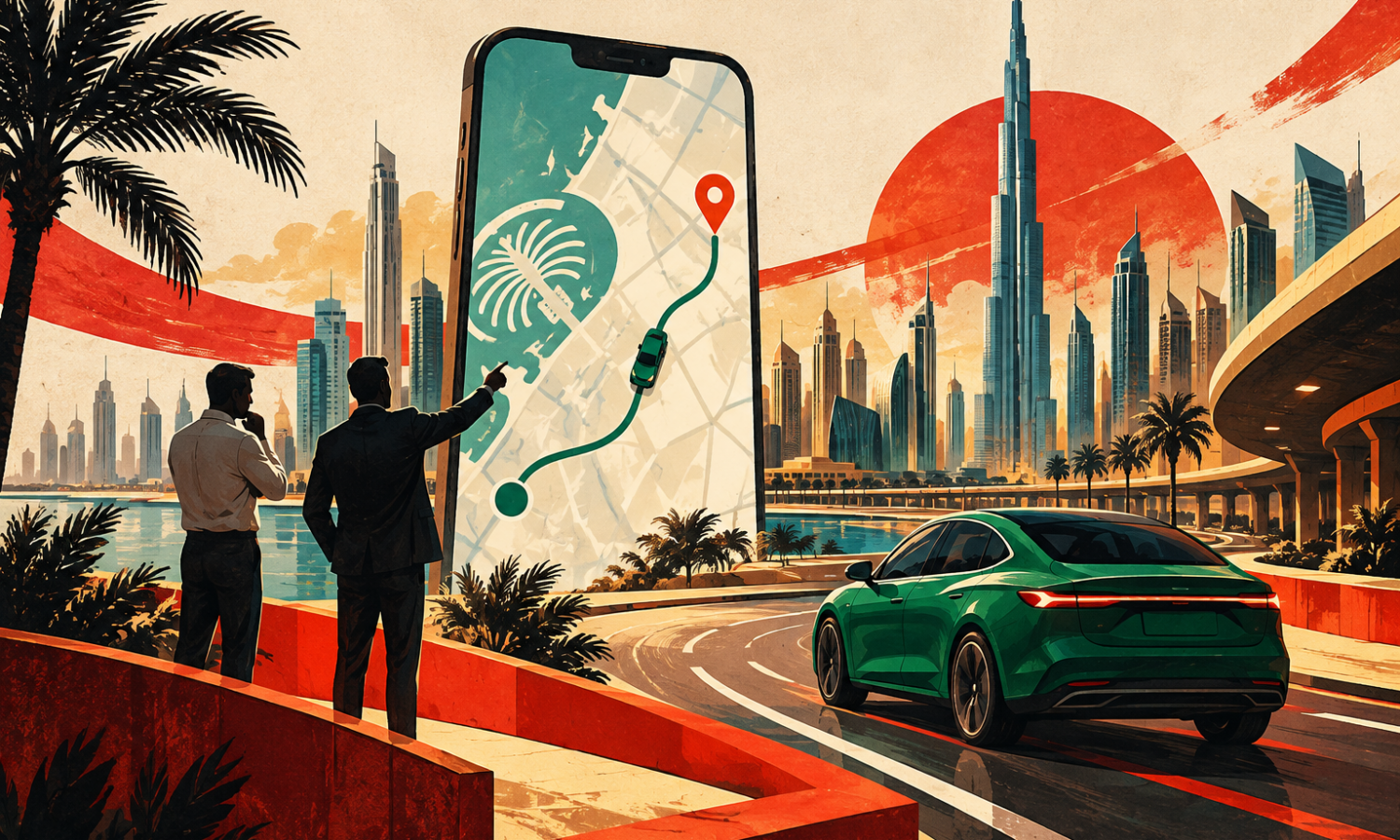 Conceptual editorial illustration of a ride-hailing app, a green car and anonymous entrepreneurs in Dubai.