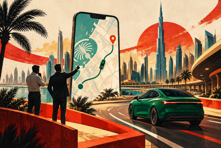 Conceptual editorial illustration of a ride-hailing app, a green car and anonymous entrepreneurs in Dubai.