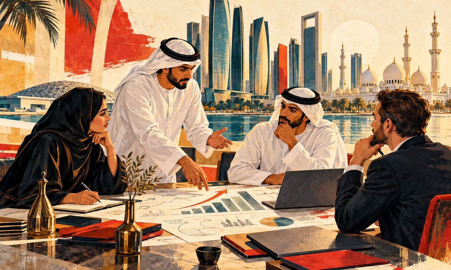 Editorial illustration of founders and an investor discussing a startup pitch in Abu Dhabi.