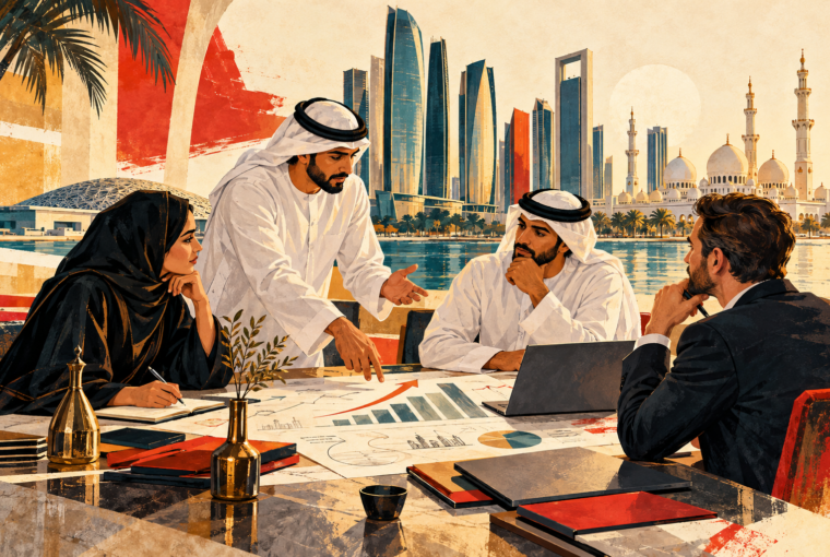 Editorial illustration of founders and an investor discussing a startup pitch in Abu Dhabi.