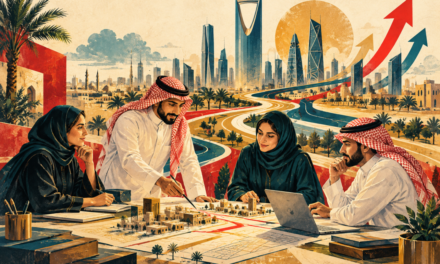 Editorial illustration of a Saudi small-business workshop with an owner and colleagues against a Riyadh-inspired skyline.