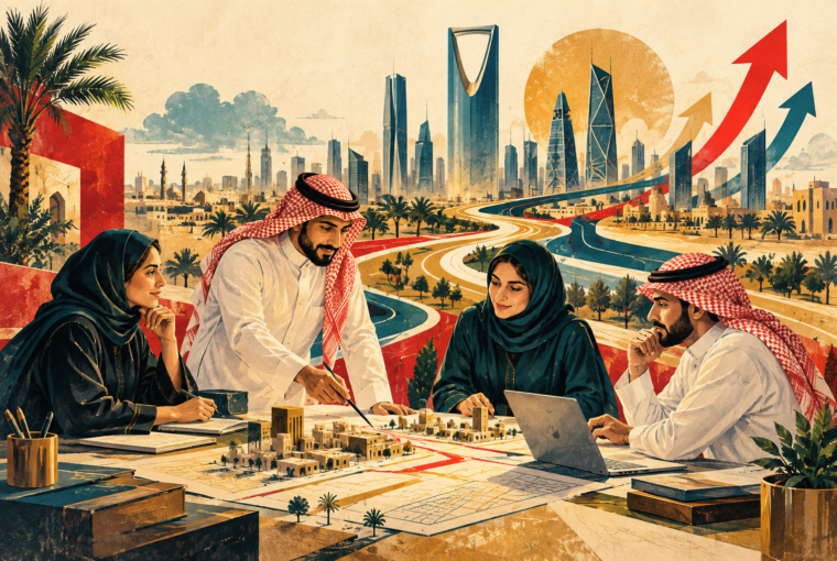 Editorial illustration of a Saudi small-business workshop with an owner and colleagues against a Riyadh-inspired skyline.