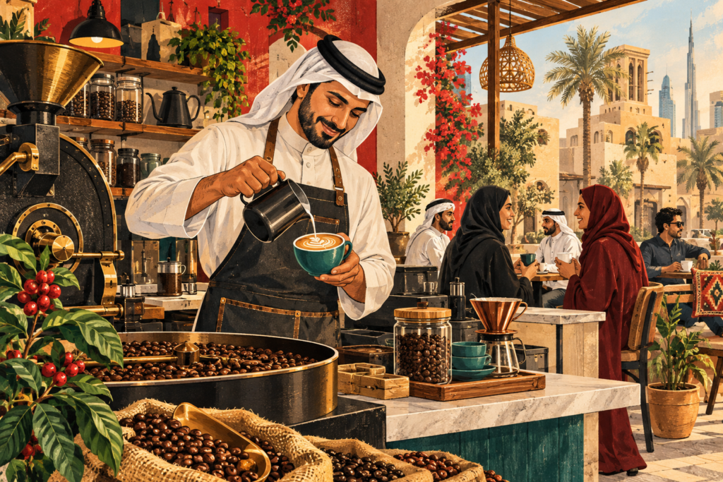 Editorial illustration of a Gulf specialty coffee entrepreneur at a cafe counter with roasted beans and customers.