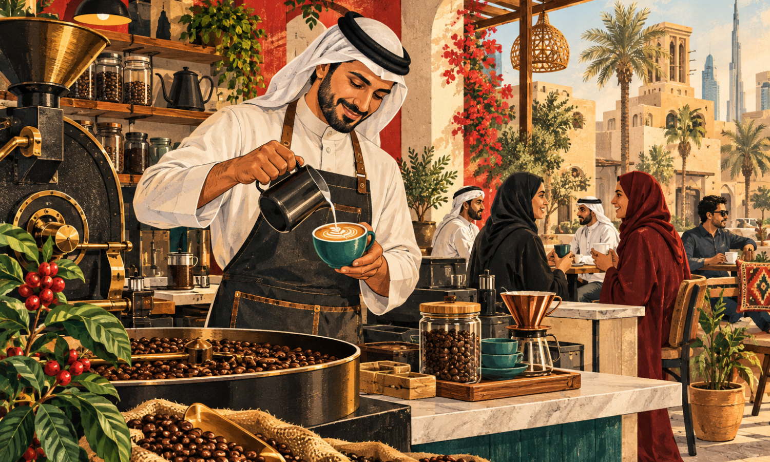 Editorial illustration of a Gulf specialty coffee entrepreneur at a cafe counter with roasted beans and customers.