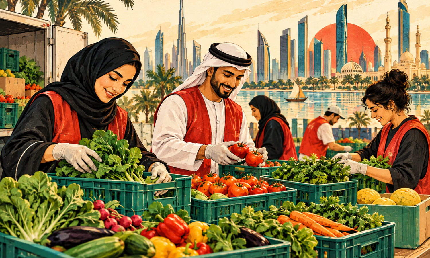 Editorial illustration of community volunteers sorting surplus vegetables into reusable crates in a Gulf city.