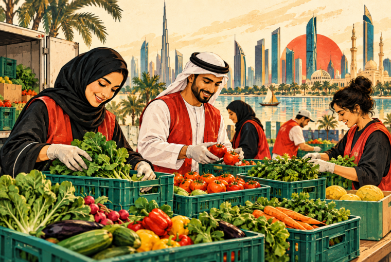 Editorial illustration of community volunteers sorting surplus vegetables into reusable crates in a Gulf city.