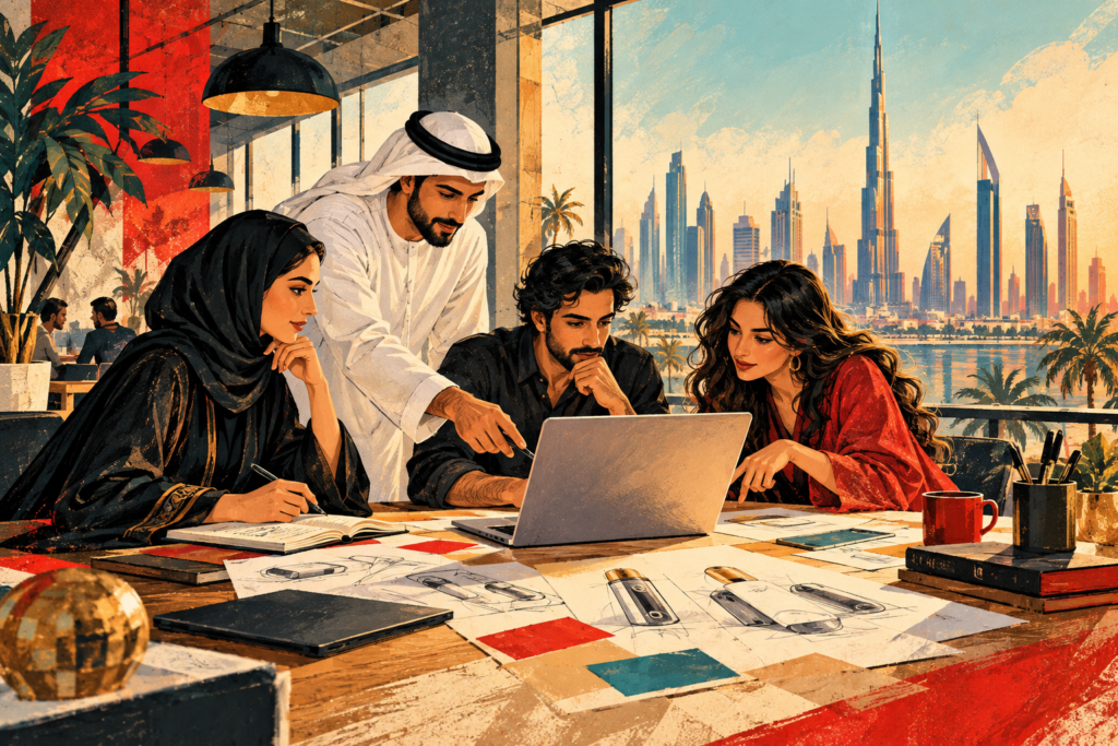 Editorial illustration of a Gulf startup team planning a product in a Dubai coworking space.