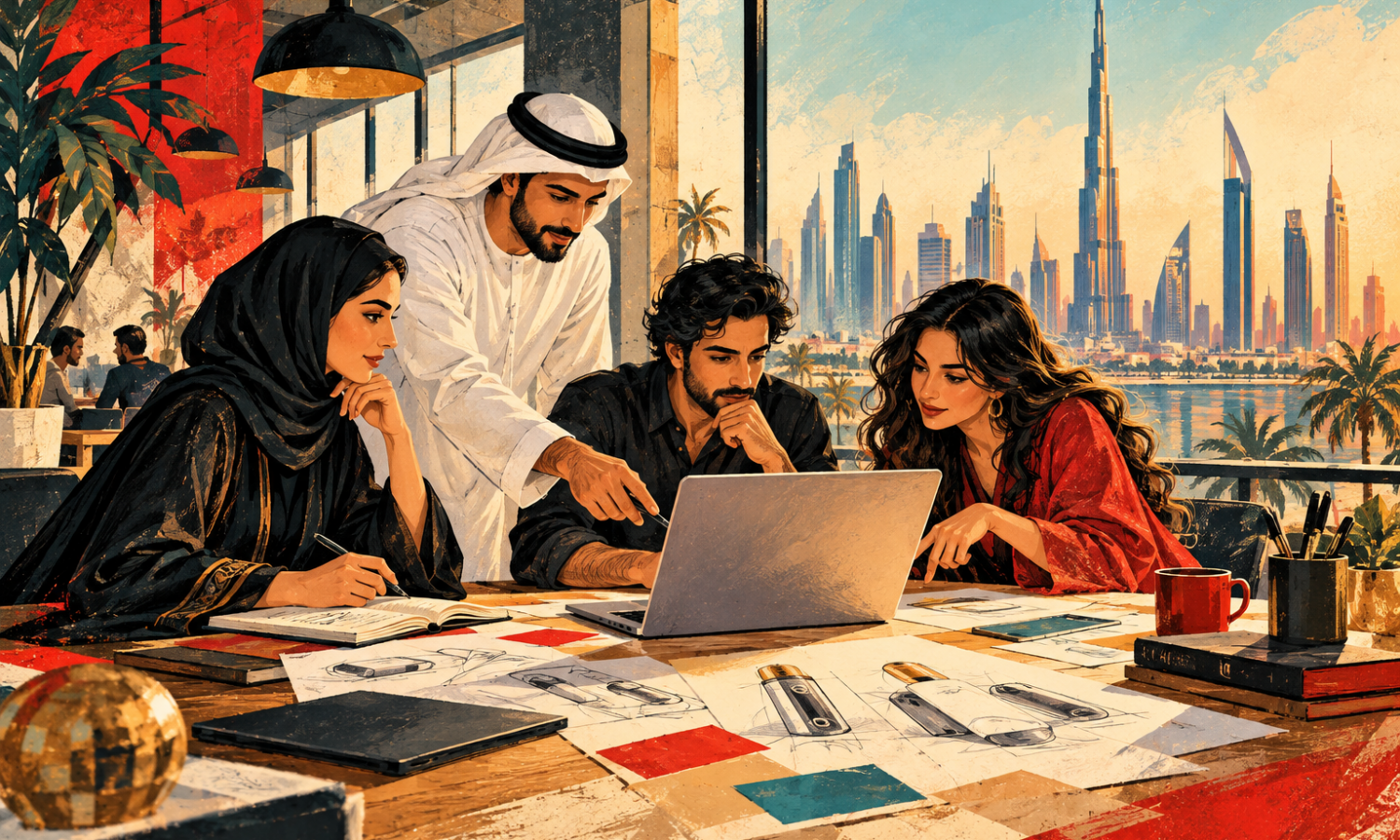 Editorial illustration of a Gulf startup team planning a product in a Dubai coworking space.