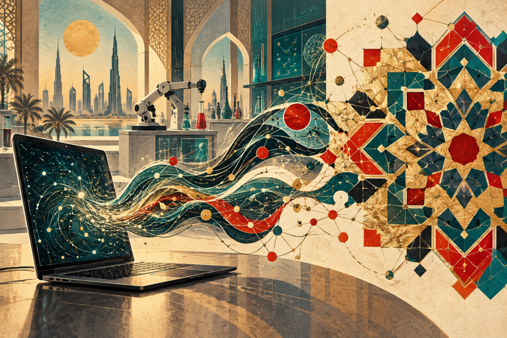 Editorial illustration of an artificial intelligence network and Arabic-inspired geometric patterns in a Gulf research setting.