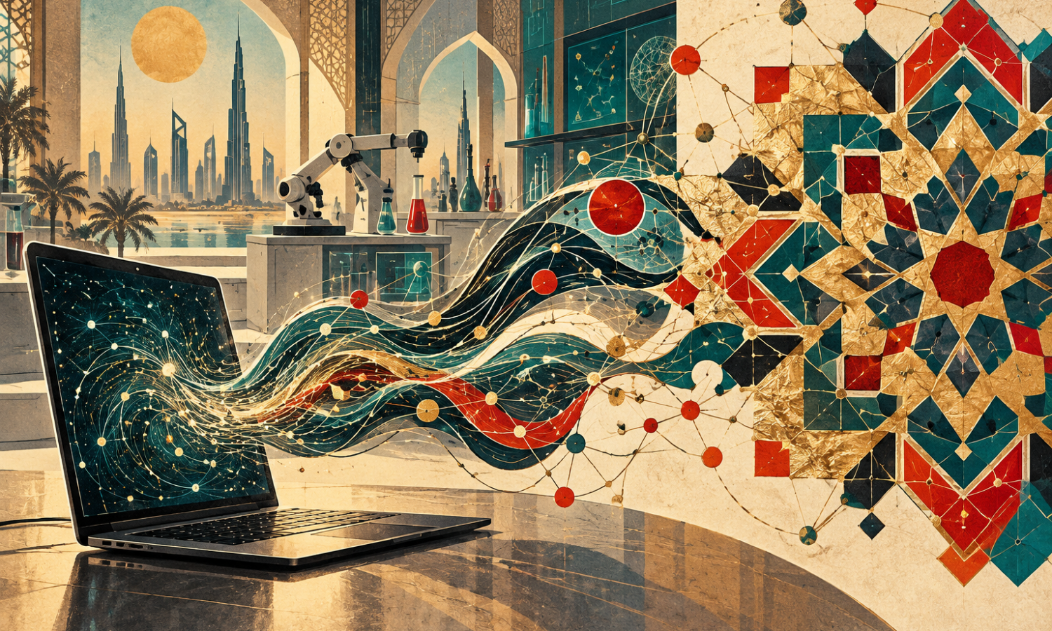 Editorial illustration of an artificial intelligence network and Arabic-inspired geometric patterns in a Gulf research setting.