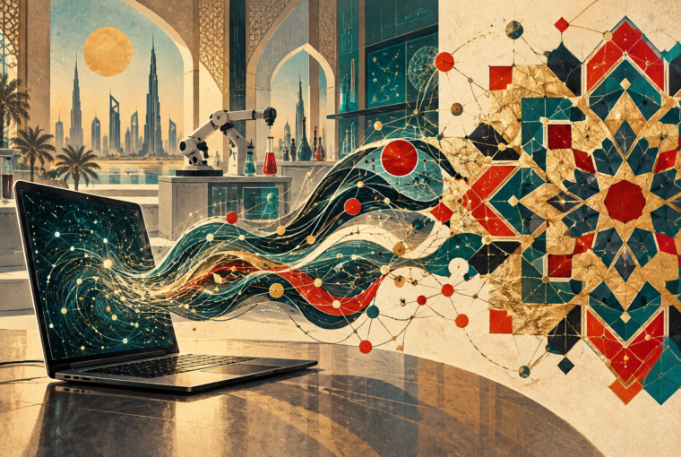 Editorial illustration of an artificial intelligence network and Arabic-inspired geometric patterns in a Gulf research setting.