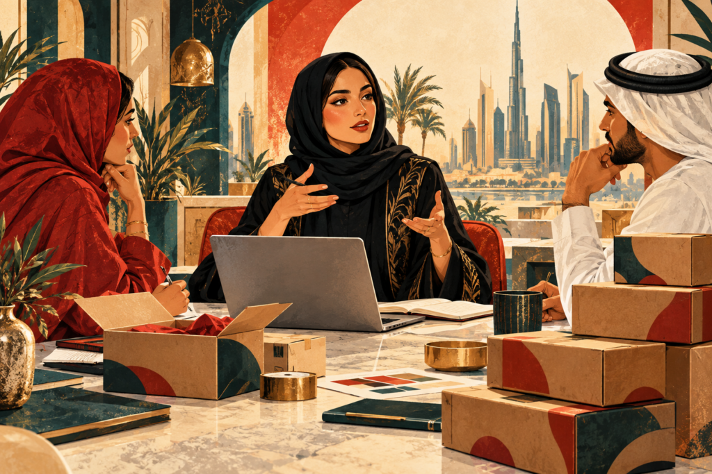 Editorial illustration of an anonymous Middle Eastern woman founder leading an ecommerce team discussion.