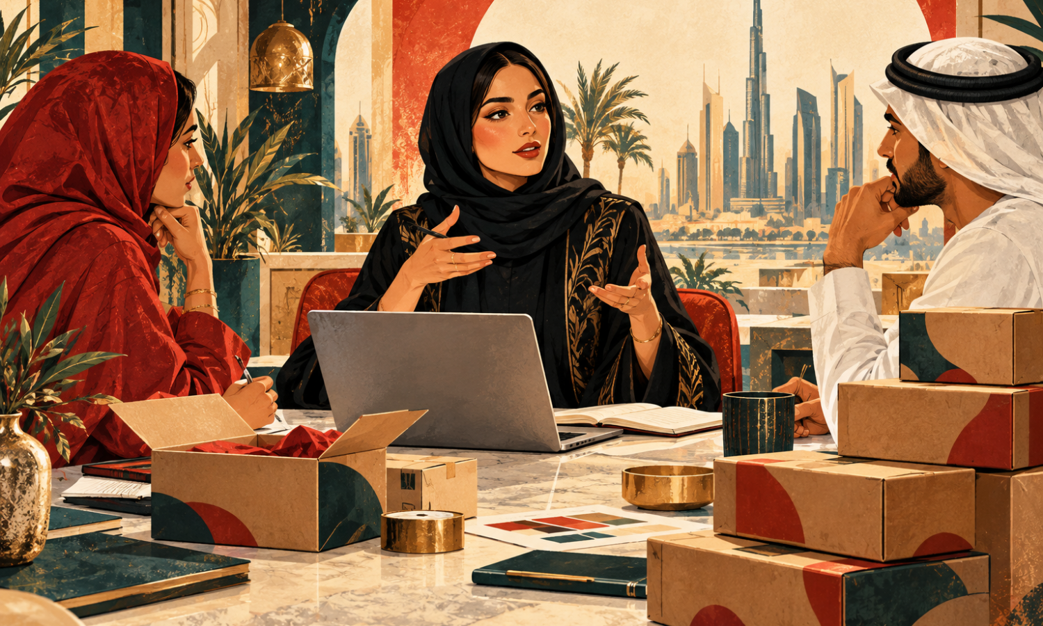 Editorial illustration of an anonymous Middle Eastern woman founder leading an ecommerce team discussion.